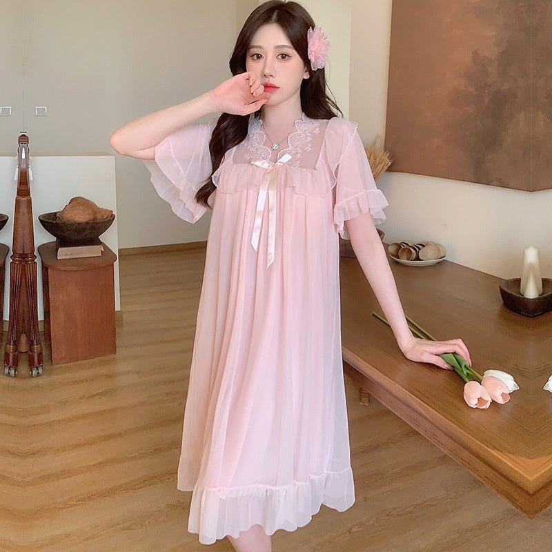 Lace Bow Mesh Midi Nightdress Homewear