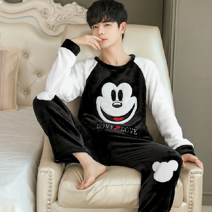 Flannel Pajamas Men's Autumn And Winter Warm Suit Youth Round Neck Fashion Casual Suitable For Daily Wear Homewear