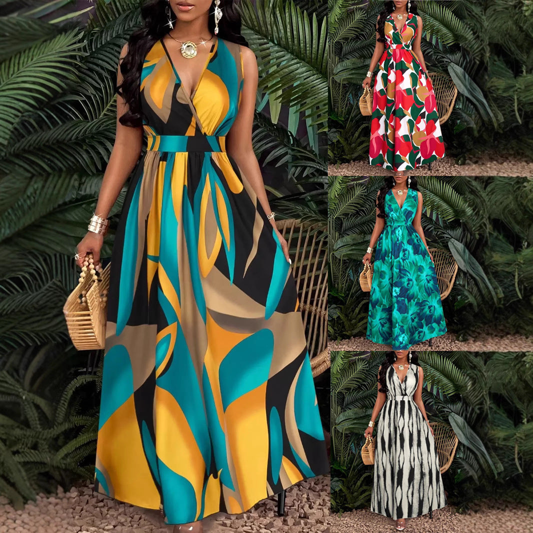 Tropical Printing V-neck Waist Twist Knitted Slim Fit Flare Skirt