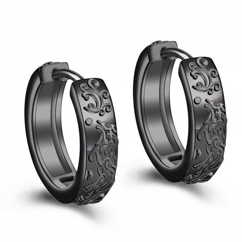 Vintage Black Proud Wolf Men Hoops Jewelry 925 Sterling Silver Earrings