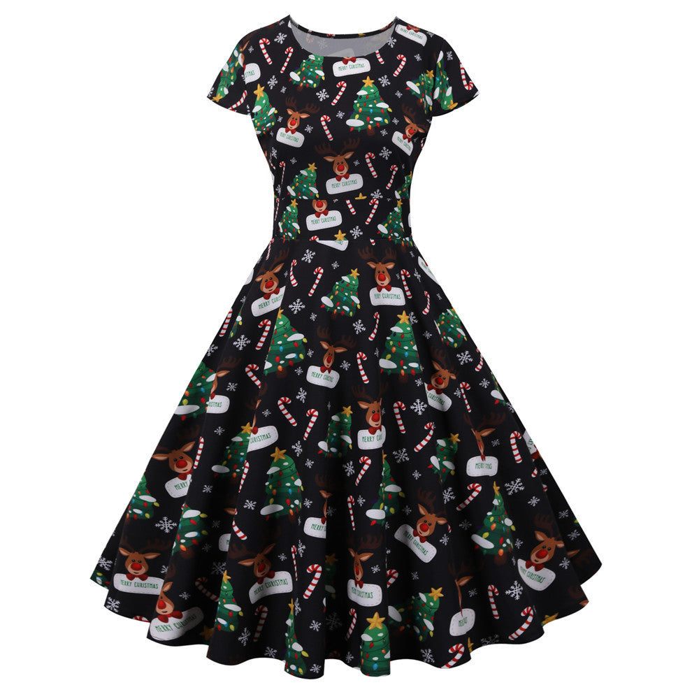 Christmas round neck short sleeve printed dress