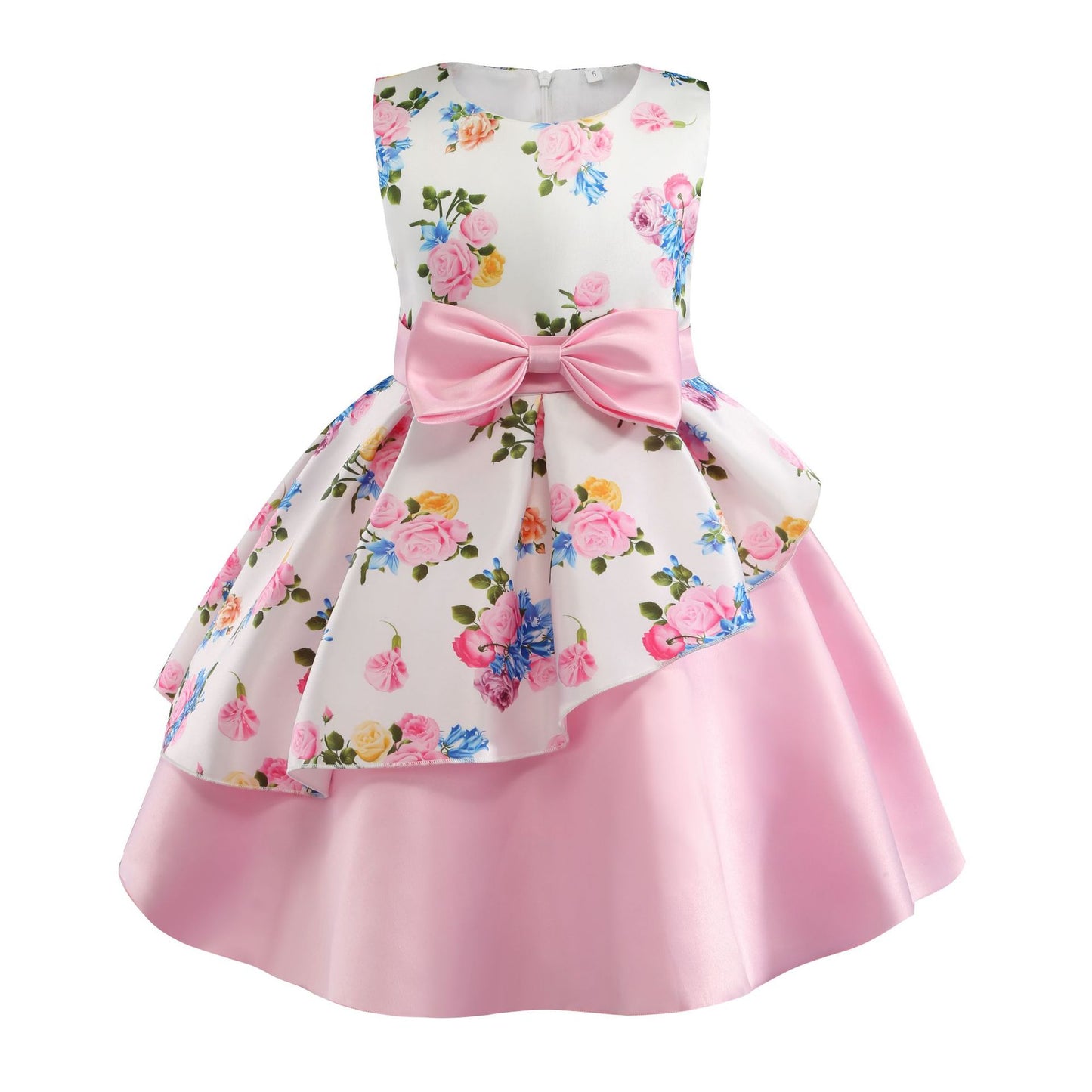 Girls' dress irregular skirt print children's dress bow costume