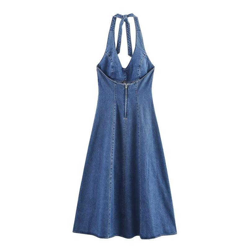 Off-the-shoulder Backless Denim Dress For Women