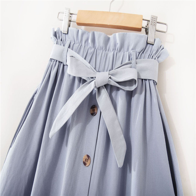 Elegant Button High Waist Skirt Female Pleated Skirt