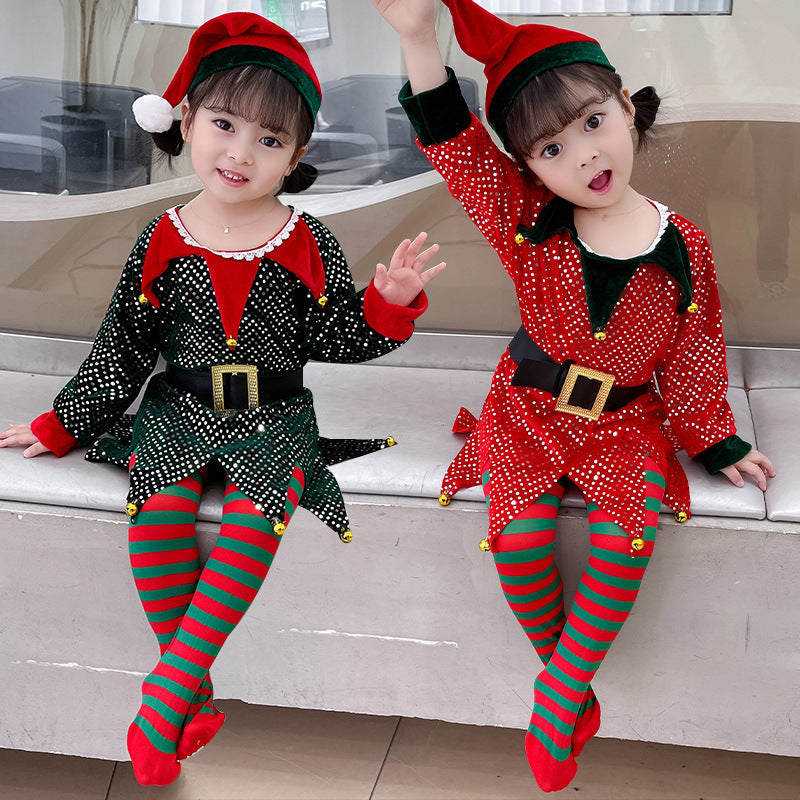 Children's Elf Sequins Dress Christmas Theme Suit