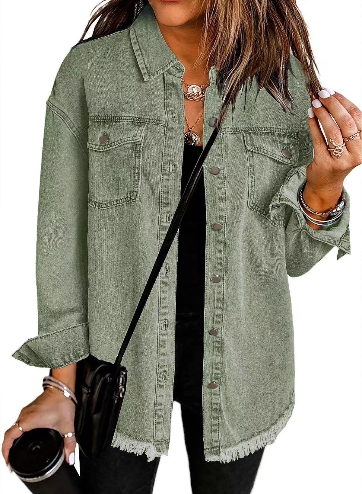 Washed Denim Shirt Women's Personalized Street Style Frayed Hem Coat