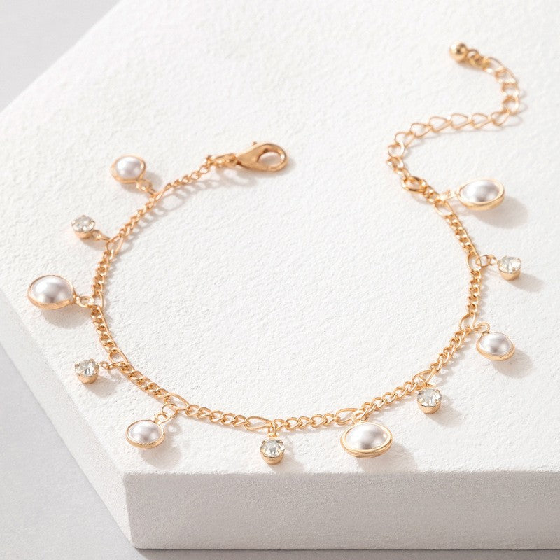 Shiny Zircon Tassel Pearl Anklet European And American Simple Beach Foot Ornaments