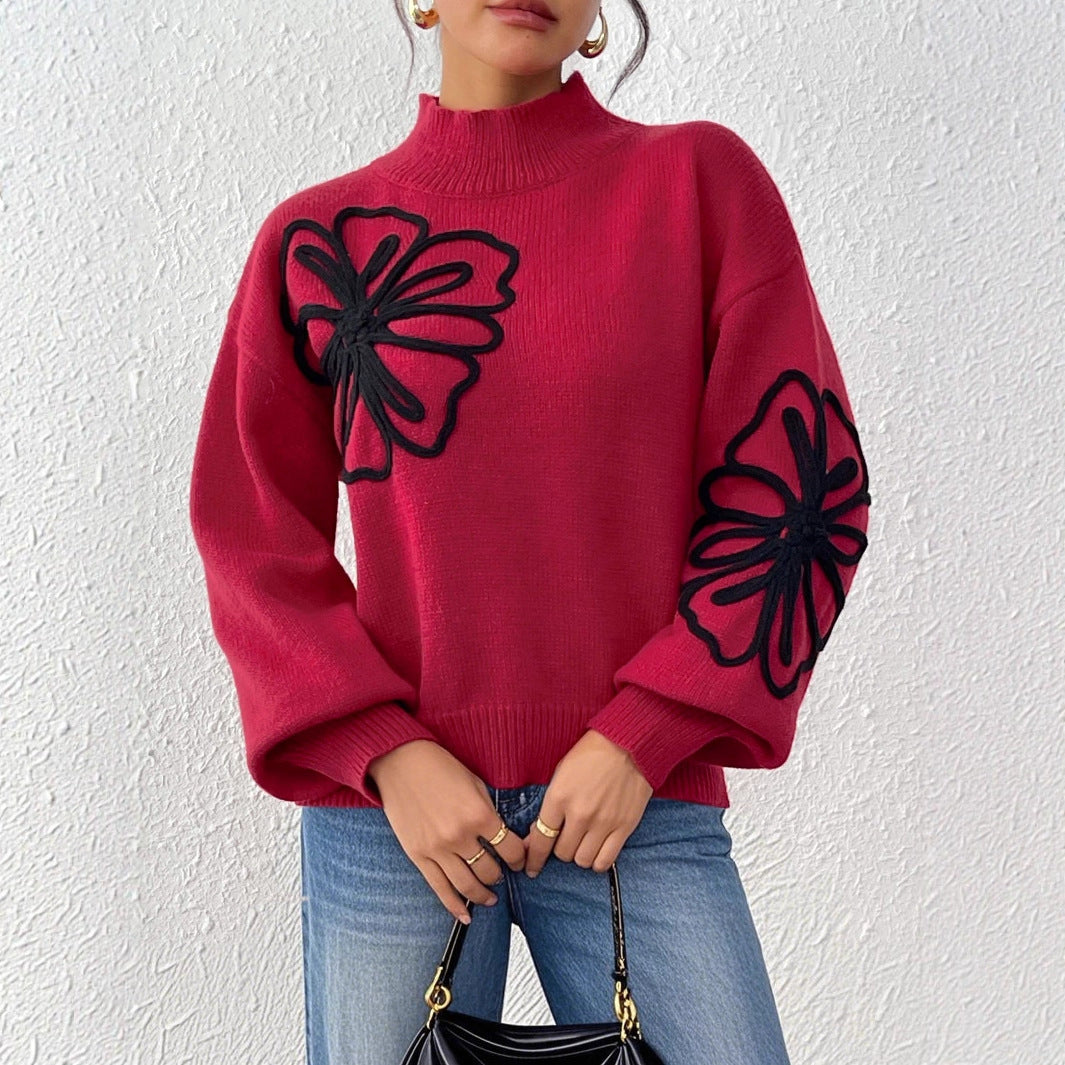 Women's Three-dimensional Ribbon Embroidery Flower Mock Neck Sweater