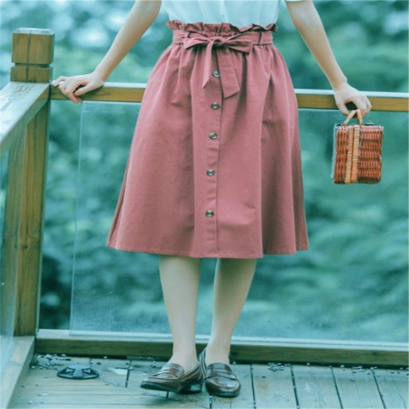 Elegant Button High Waist Skirt Female Pleated Skirt