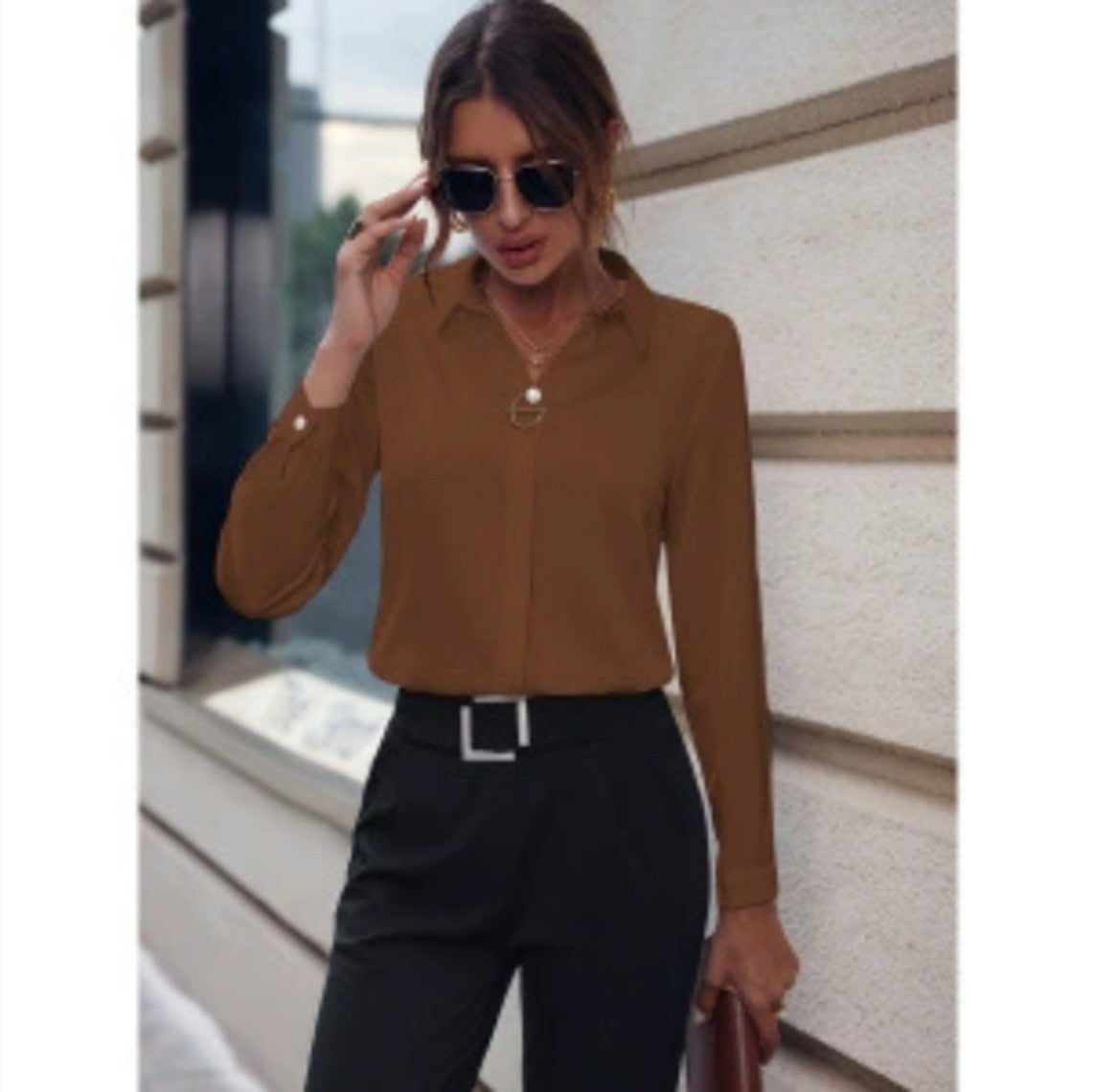 Commuter V-neck Long-sleeved Shirts Ins Fashion Solid Color Pullover Top Autumn And Spring Women's Clothing