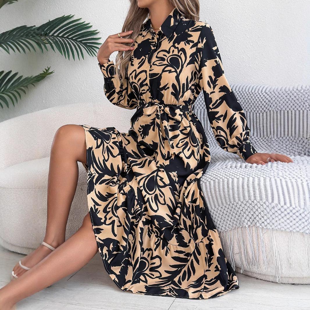 Women's Clothing Spring And Summer Leisure Flower Long Sleeve Shirt Skirt