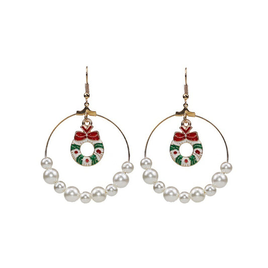 Christmas Earrings Alloy Pearl Enamel Christmas Wreath