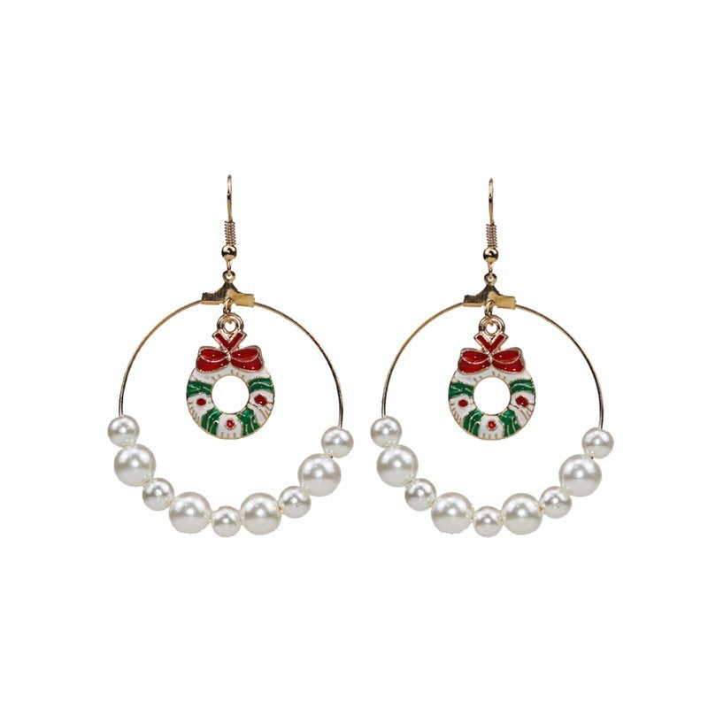 Christmas Earrings Alloy Pearl Enamel Christmas Wreath
