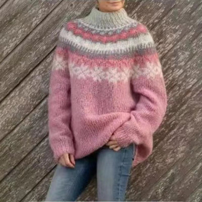 Round Neck Pullover Jacquard Vintage Print Sweater