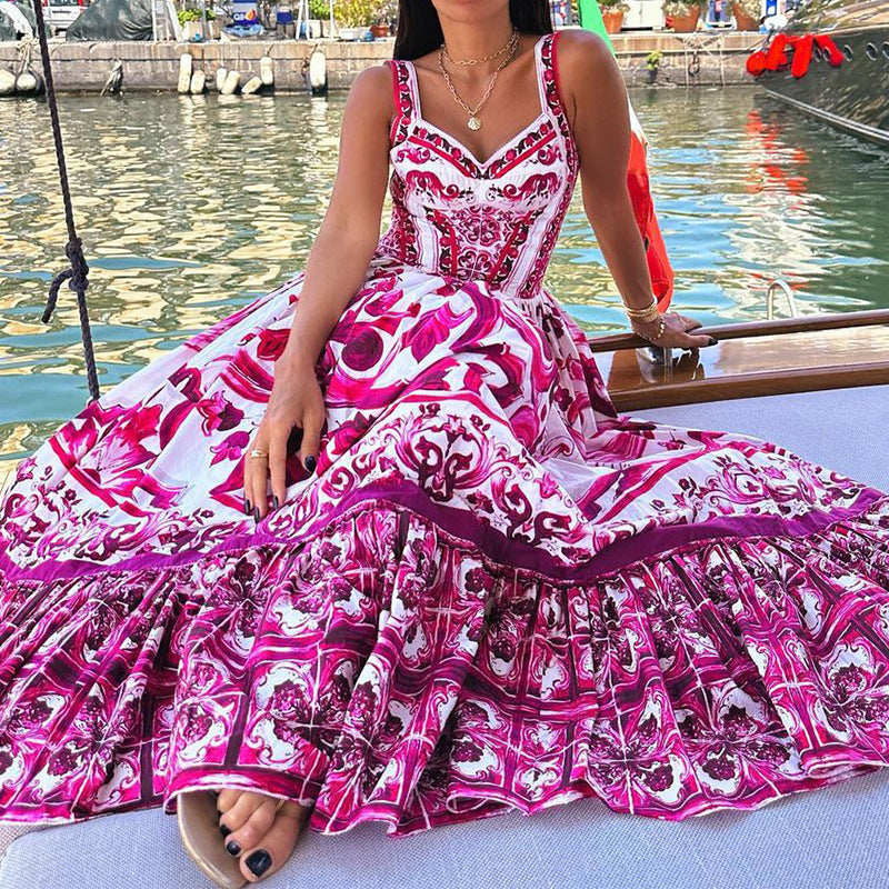 Printed Sleeveless Dress Fashion Temperament Spaghetti Waist-controlled Large Hem Dresses For Women