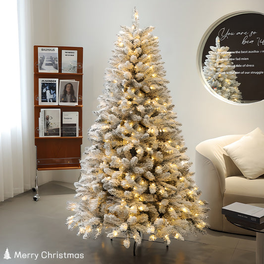 1 Piece Of 180cm - Tall White Flocked Christmas Tree, Thickened And Densified, With Lights