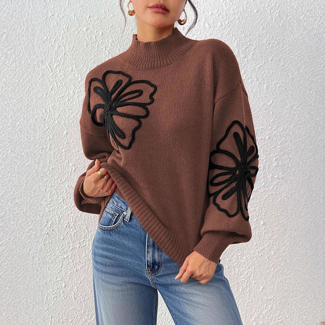 Women's Three-dimensional Ribbon Embroidery Flower Mock Neck Sweater