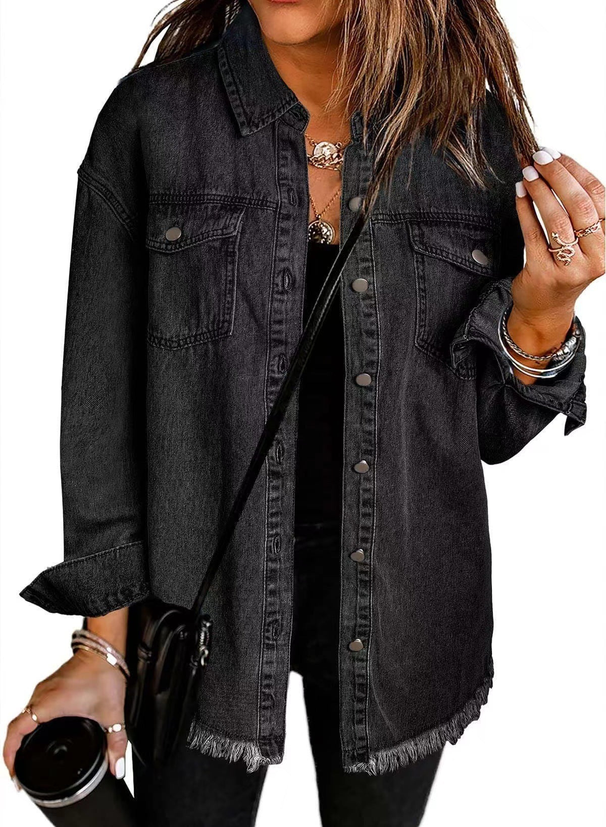 Washed Denim Shirt Women's Personalized Street Style Frayed Hem Coat