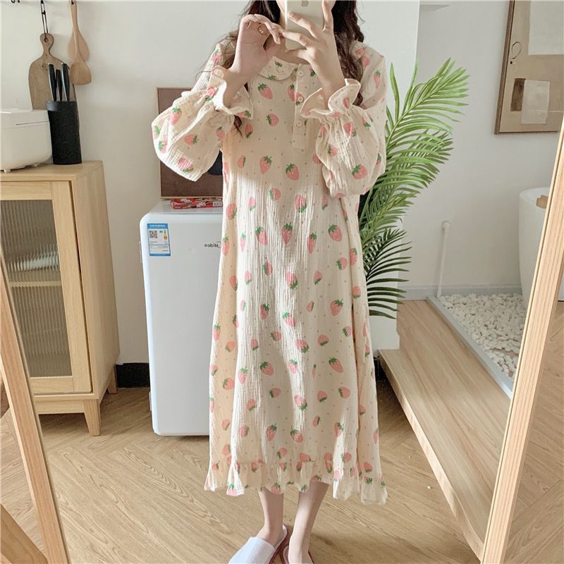 Strawberry Nightdress Women's Long Sleeve Outerwear Homewear