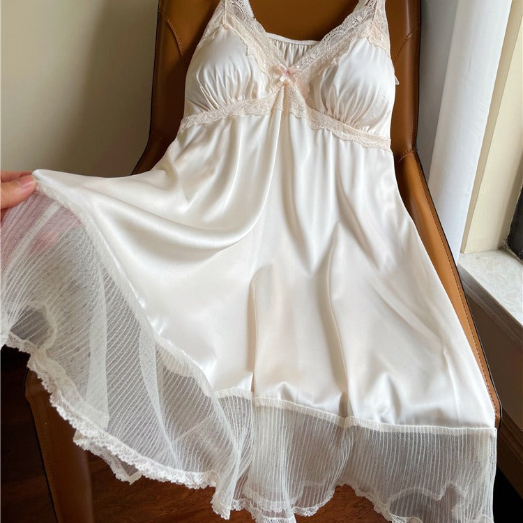 Lace Stretch Ice Silk Strap Night Dress Padded Pajamas