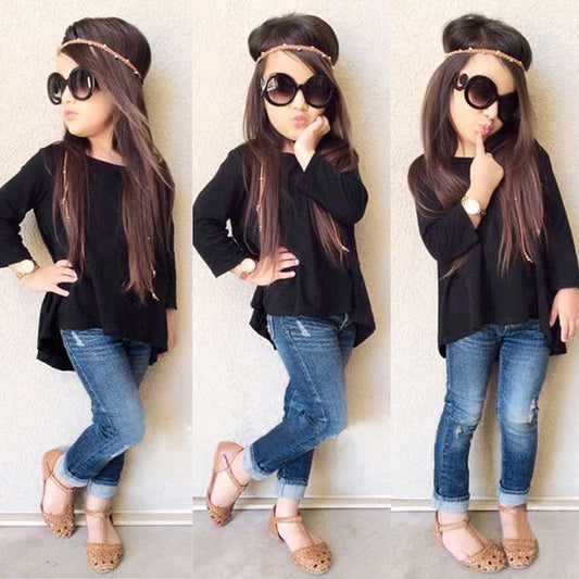 Black Long T-Shirt Blue Jeans Children's Suit