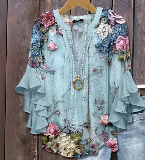 Women's Creative Printing Casual V-neck Lotus Sleeve T-shirt