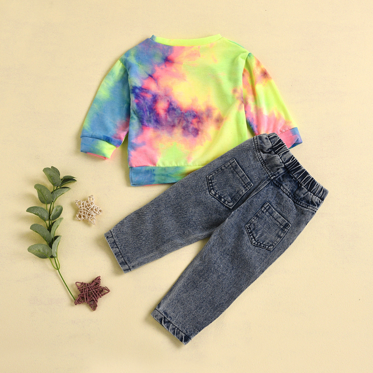 Rainbow Tie Dye Sweater  Cut Hole Jeans Set