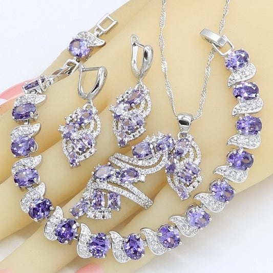 Ladies Wedding Amethyst Silver Jewelry Set