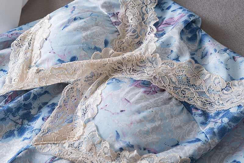 Summer Pajamas Women's Thin Ice Silk Slip Nightdress Lace Edge Printed Homewear With Chest Pad