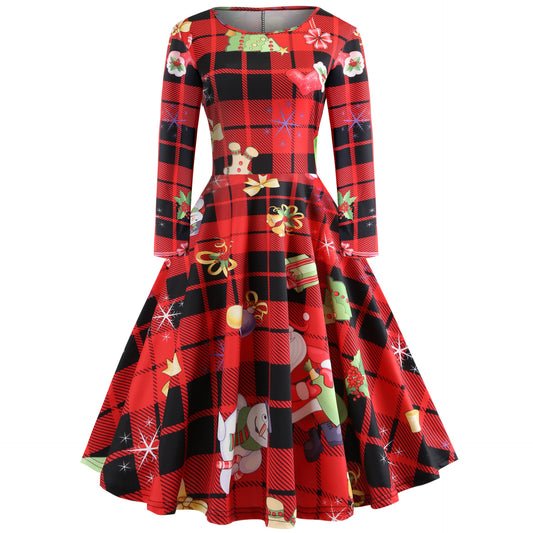 Christmas round neck print A-line dress