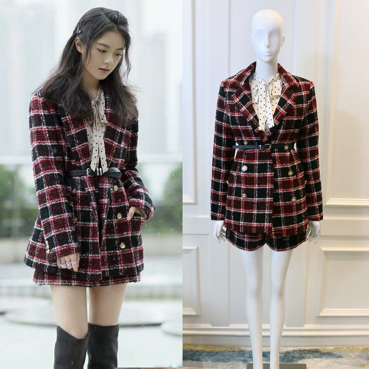 Tweed Plaid Jacket High-Waisted Shorts Two-Piece Suit For Women