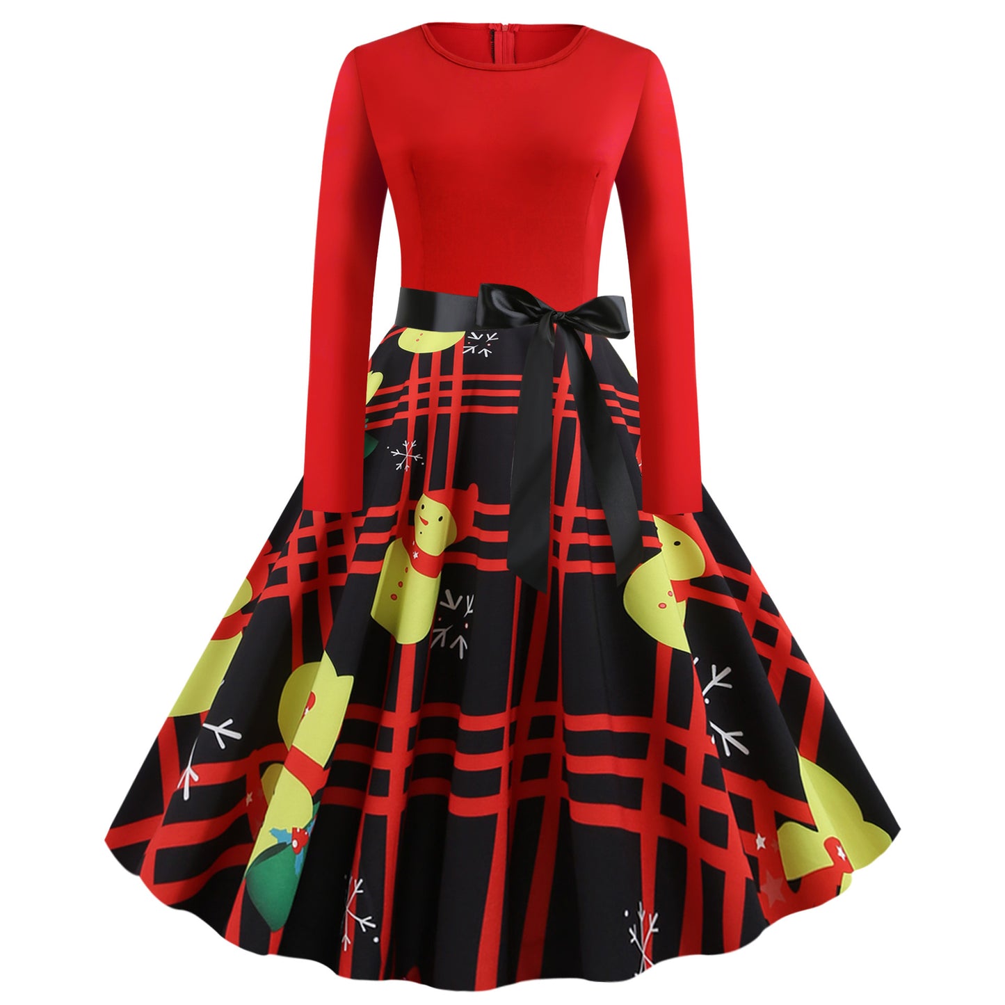 Christmas print lace long sleeve dress
