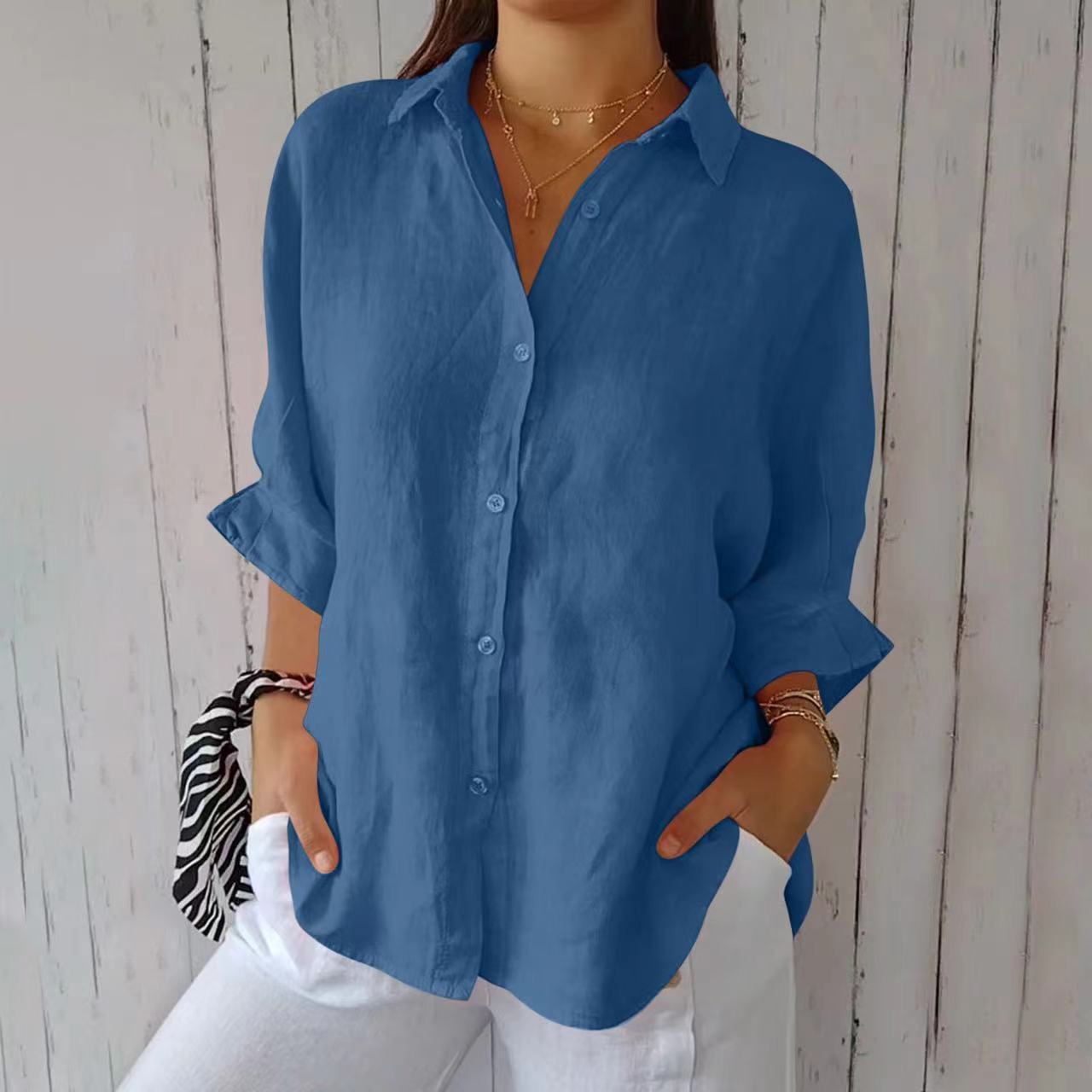 Lapel Long Sleeve Shirt Women's Single-breasted Pleated Shirt