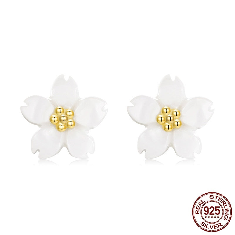 S925 Sterling Silver Cherry White Fritillary Stud Earrings