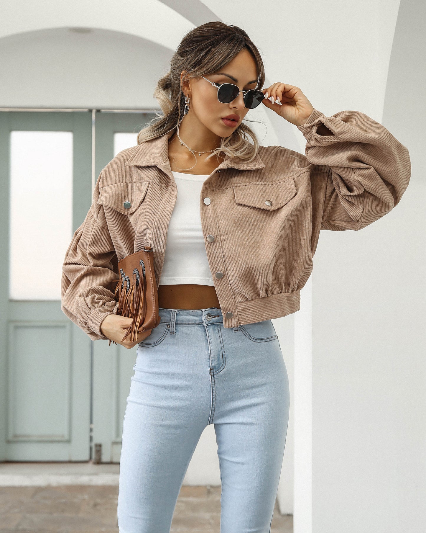 Women's Casual Lapel Corduroy Jacket Short Coat
