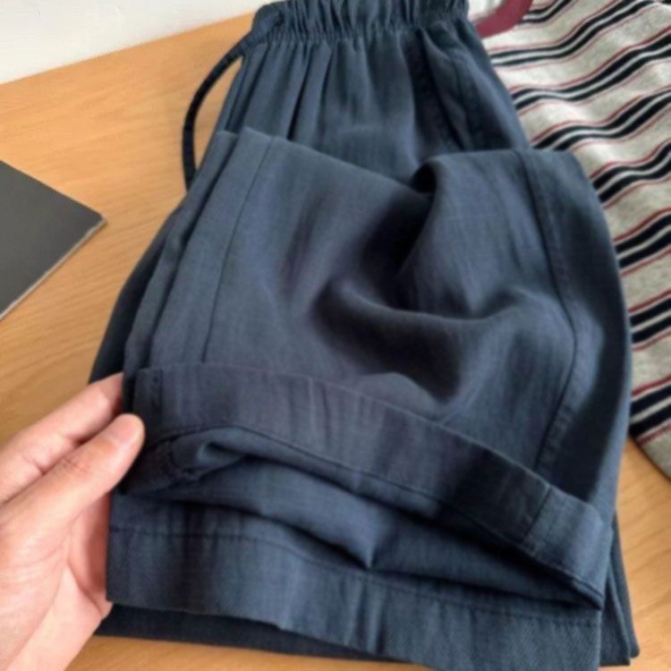 Blue Elastic Waistband Lace-up Cotton Linen Wide-leg Pants