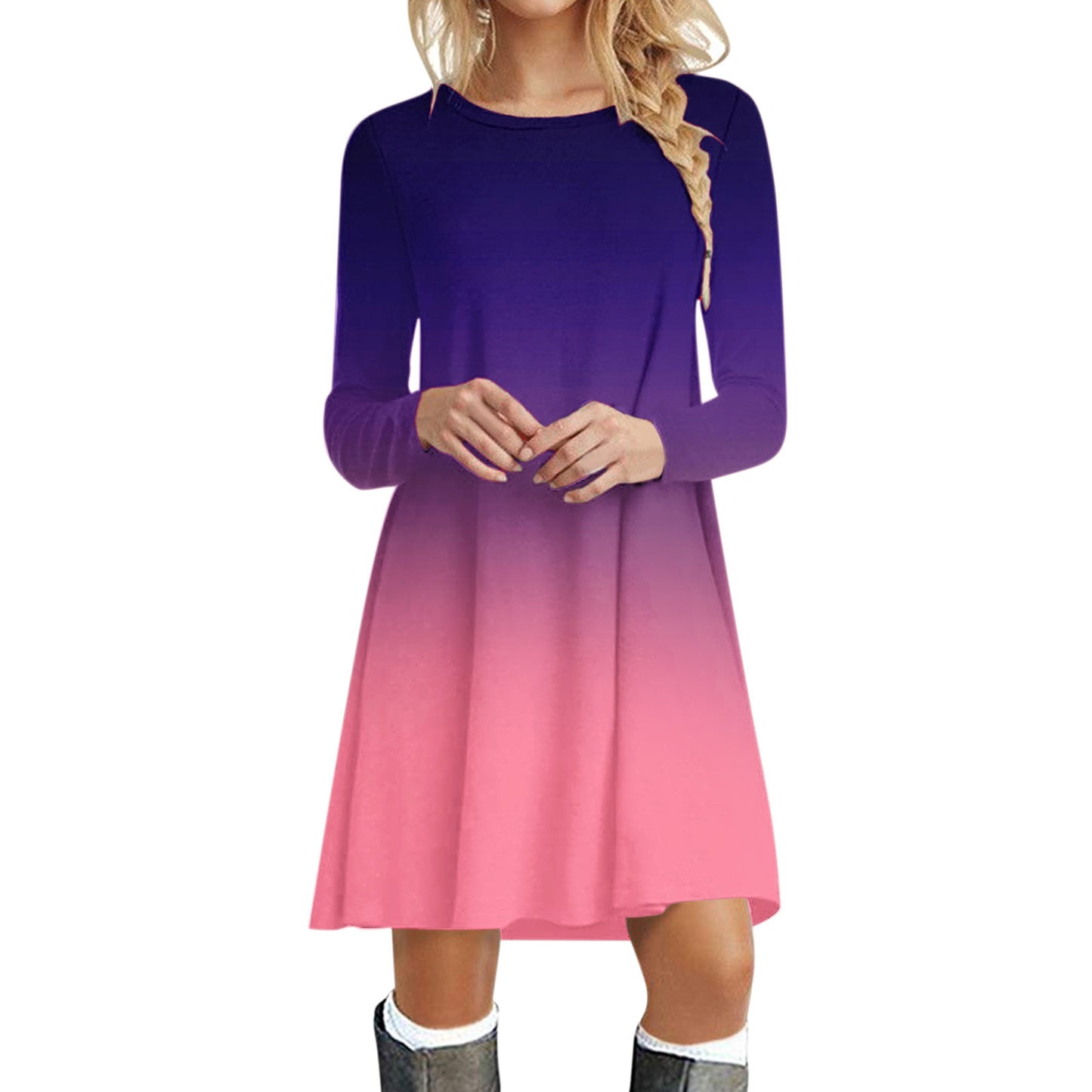 Casual Printed Christmas Crewneck Long Sleeve Dress