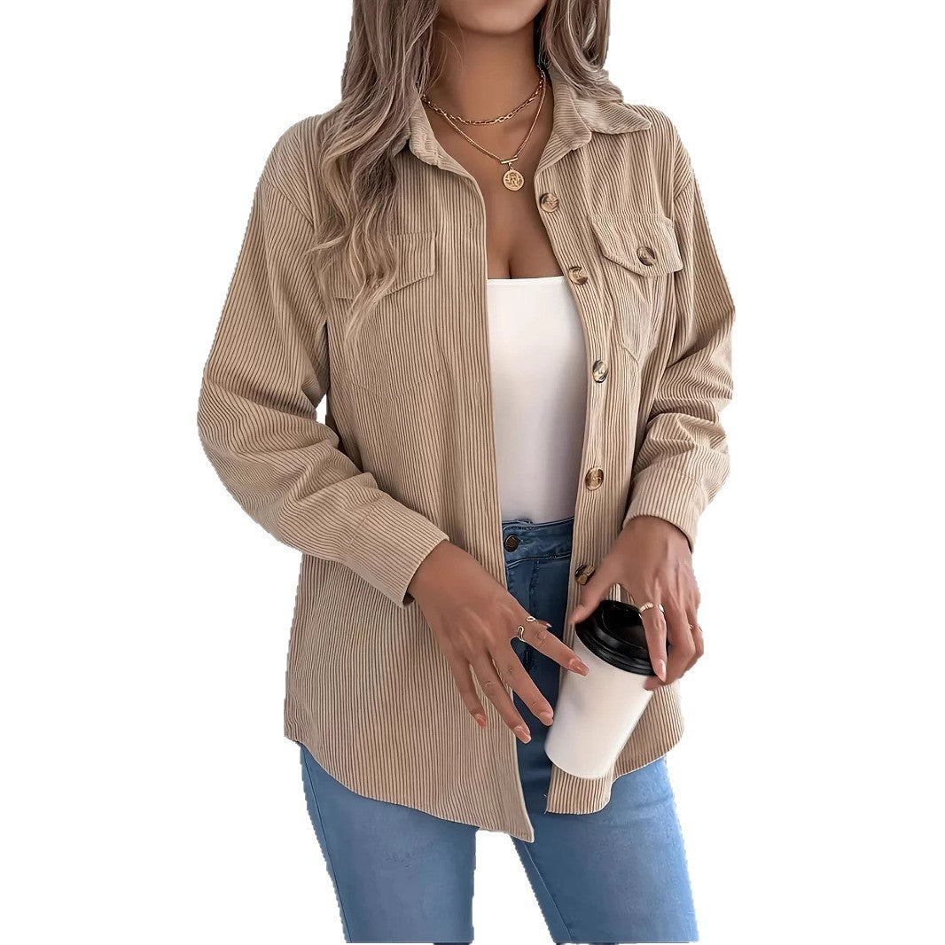 European And American Corduroy Striped Mid-length Coat Shirt