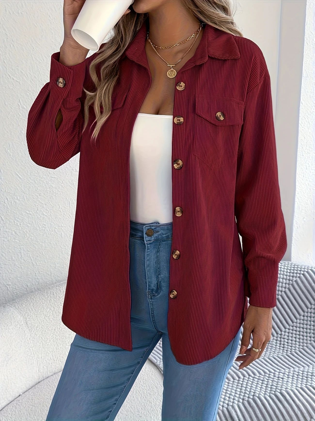 European And American Corduroy Striped Mid-length Coat Shirt