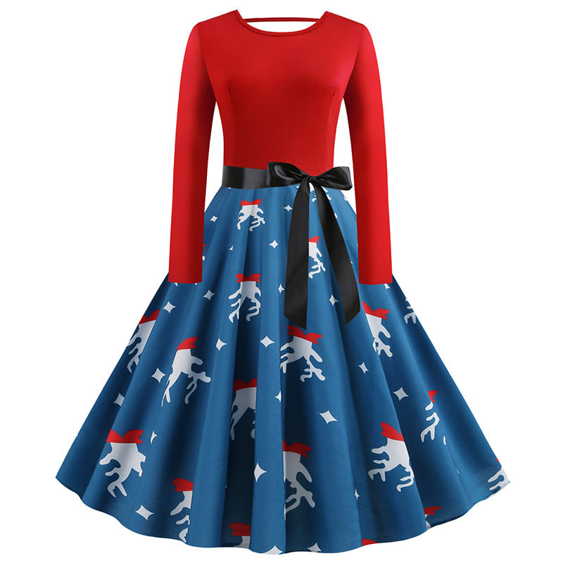 Christmas print lace long sleeve dress