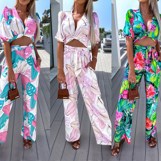 Short Sleeve Top Straight-leg Pants Suit Printed Two-piece Suit