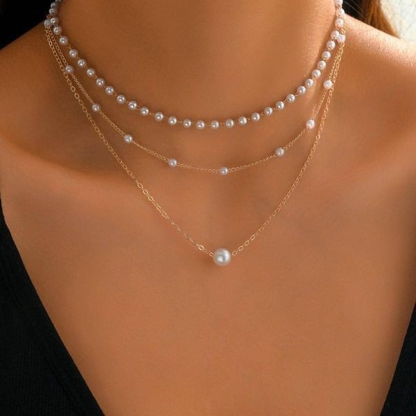 Pearl Chain Pendant Three-layer Necklace For Women Twin All-matching