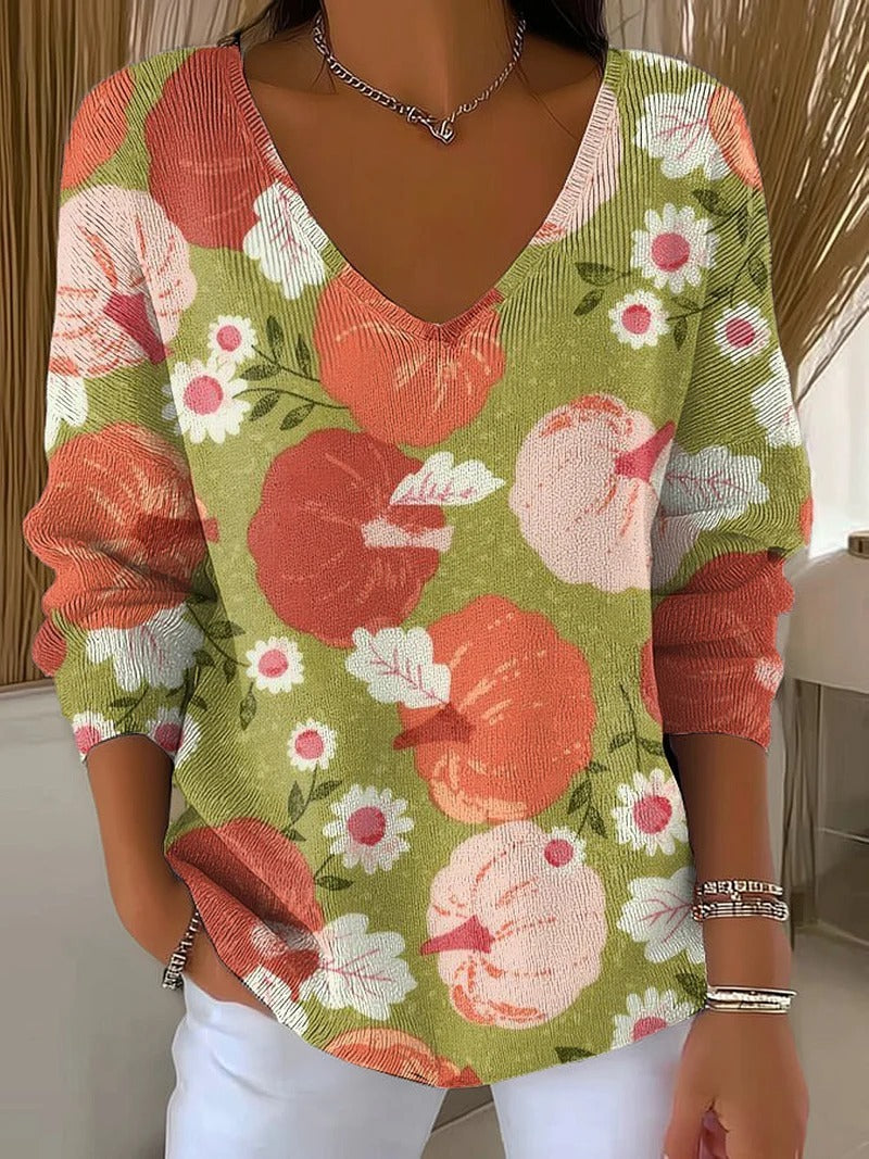 Women's 3D Printed Fashionable Gradient Color V-neck Long-sleeved T-shirt