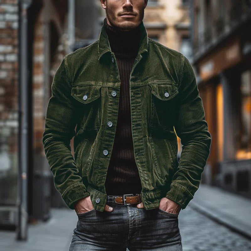Men's Pocket Corduroy Long Sleeve Striped Lapel Jacket