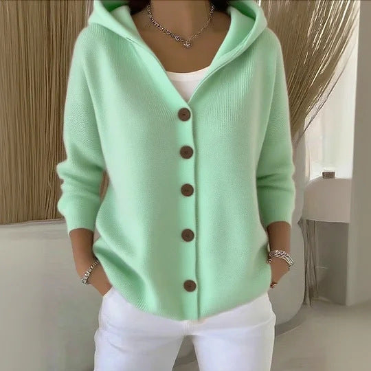 Ins Button Hooded Sweater Fashion Autumn And Winter Knitted Cardigan Casual Commuter Long Sleeve Top Women's Clothing