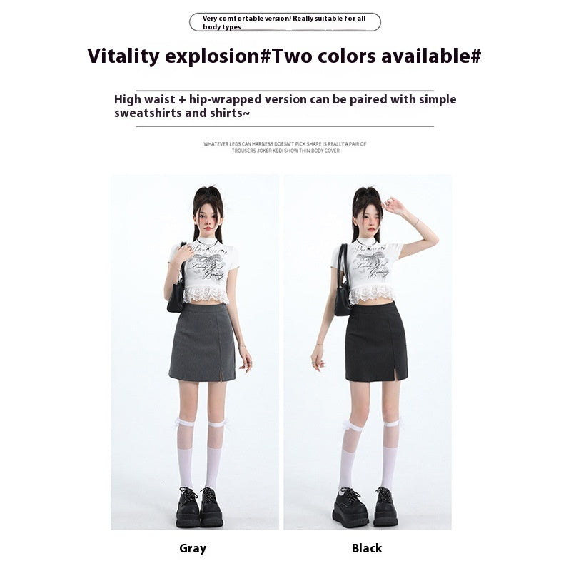 High Waist Anti-exposure-word Slit Sheath Skirt Gray Skirt