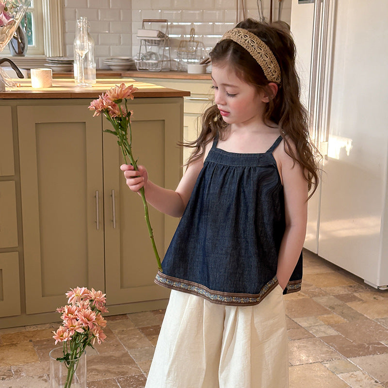 New Retro Patchwork Jean Sun-top Fashionable Vacation Style Sleeveless Top