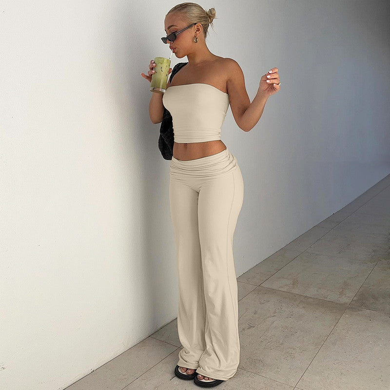 New Pure Color Tube-top Top Flared Pants Fashion Slim Suit