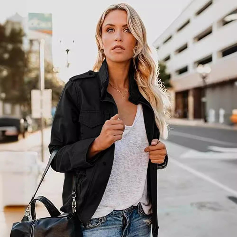 Women's Casual Fashion Solid Color Loose Zip Lapel Jacket