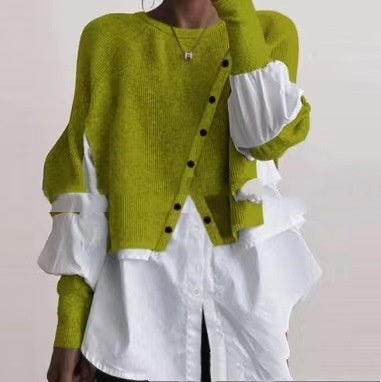 Crew Neck Long Sleeve Knitted Multi-color Patchwork White Shirt Women's